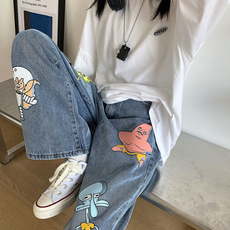 推荐Jean Femme Baggy Jeans Pants Cartoon Print Trousers Fash-图1