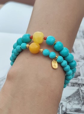 菱镁矿仿绿松石圆珠手串湖绿色单圈手链文玩饰品礼物