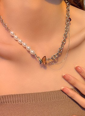 高级感蝴蝶吊坠珍珠项链女小w众设计感轻奢锁骨链温柔气质配饰