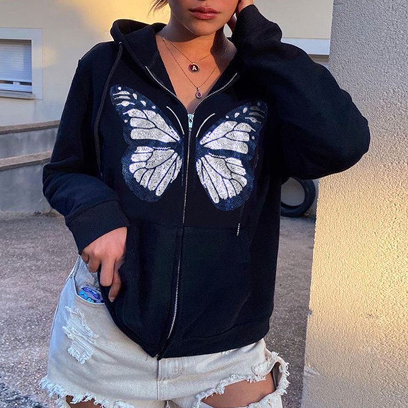 推荐Kawaii Butterfly Graphic Printed Black Harajuku Oversize - 图0