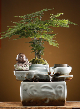 招财流水摆件转动石磨室内摆设办公室创意开业礼品T陶瓷客厅送礼