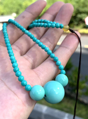 天然绿松石项链锁骨链圆珠塔链高瓷原矿民族风文玩饰Y品绿色蓝吊