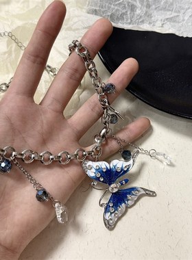 蓝色流苏蝴蝶项链女轻奢A小众锁骨链2024新款