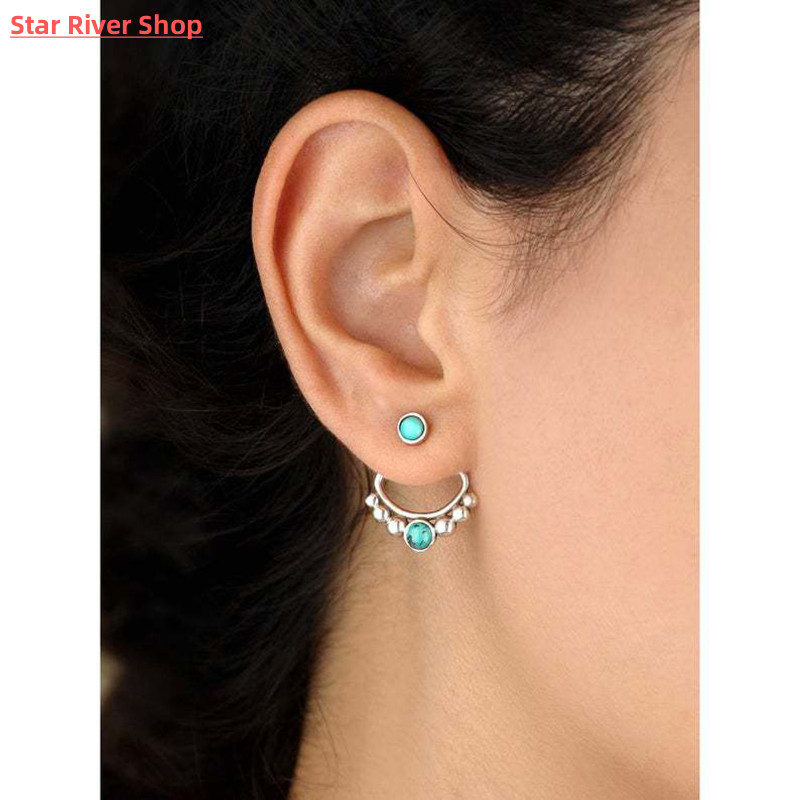 速发Bohemian Openwork Metal Lotus Opal Stud Earrings Vintage - 图2