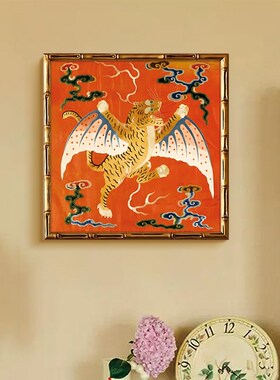 法式中国风客厅挂画玄关背景墙装饰如虎添翼进门入户招财红色壁画