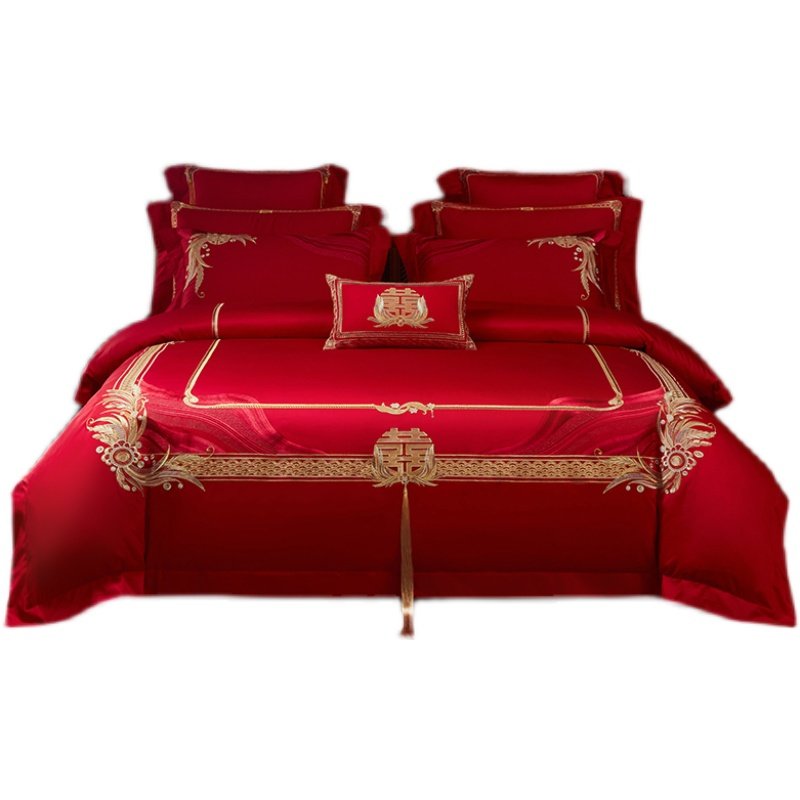 新品100支长绒棉婚庆四件套 大红刺绣被套结婚床品简约欧式,淘宝优惠券,粉丝福利购,淘宝优惠卷
