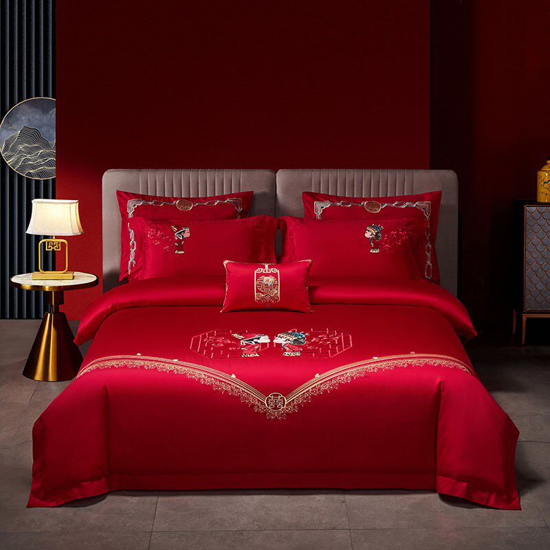 喜庆大红色结婚庆被套床单式床品四件套刺绣婚嫁婚礼床上用品,淘宝优惠券,粉丝福利购,淘宝优惠卷