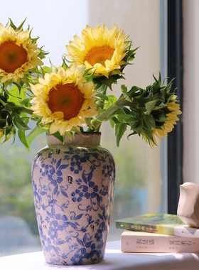 法式复古做旧冰裂纹青花瓷花瓶家居摆件鲜花水培花器