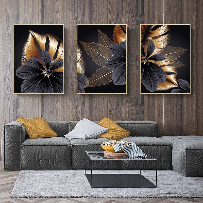 推荐Black Golden Plant Leaf Canvas Poster Print Modern Home - 图1