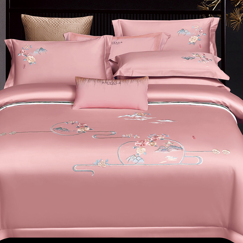 婚庆全棉床上四件套100支新中式刺绣喜被套粉色床单结婚床品,淘宝优惠券,粉丝福利购,淘宝优惠卷