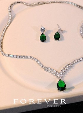 日韩简约百搭新娘结婚锆石项链耳环套装水滴显瘦婚纱礼服宴会配饰