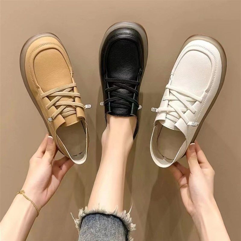 2024年秋季新款软底软面时尚懒人休闲豆豆鞋女系带防滑板鞋小皮鞋,淘宝优惠券,粉丝福利购,淘宝优惠卷