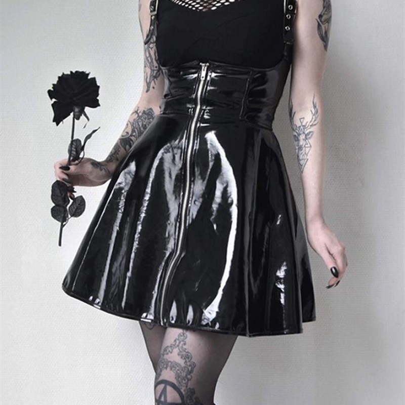 速发InsGoth Black Leather Skirts Women Gothic Setwear High W-图2