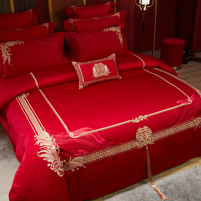 新品100支长绒棉婚庆四件套 大红刺绣被套结婚床品简约欧式,淘宝优惠券,粉丝福利购,淘宝优惠卷