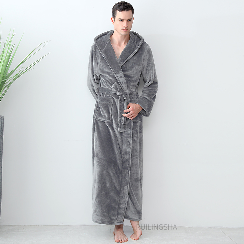 极速Men Winter Extra Long Warm Flannel Bathrobe Plus Size Co-图3