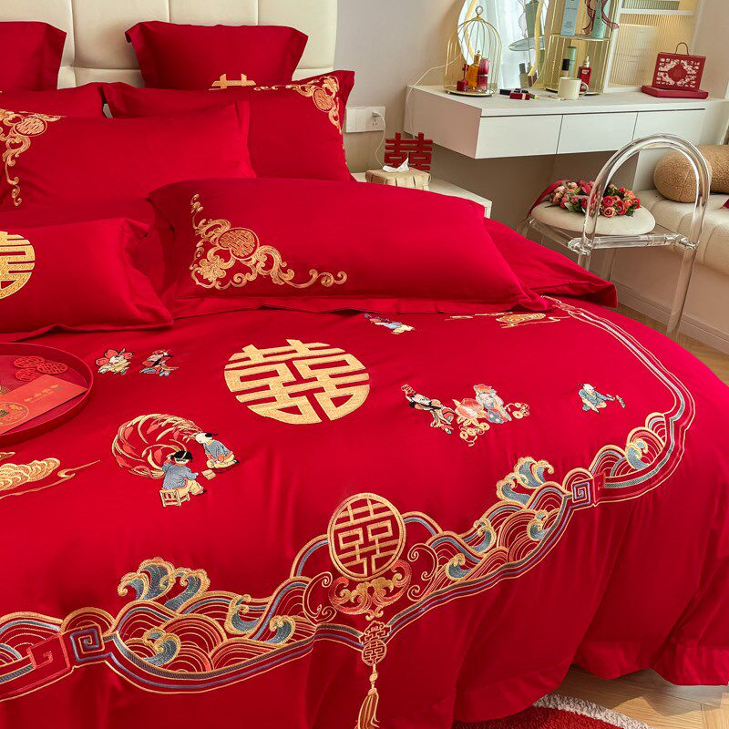 档中式结婚四件套红色百子图刺绣被套全棉婚庆床上用品婚房,淘宝优惠券,粉丝福利购,淘宝优惠卷