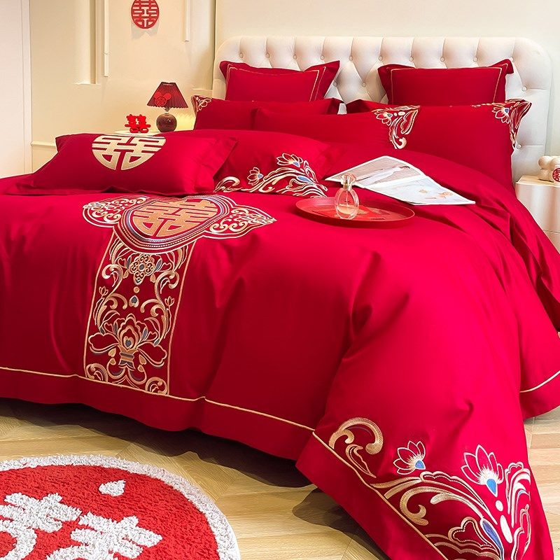 新中式龙凤刺绣100支婚庆四件套大红色床单被套结婚床上用品4,淘宝优惠券,粉丝福利购,淘宝优惠卷
