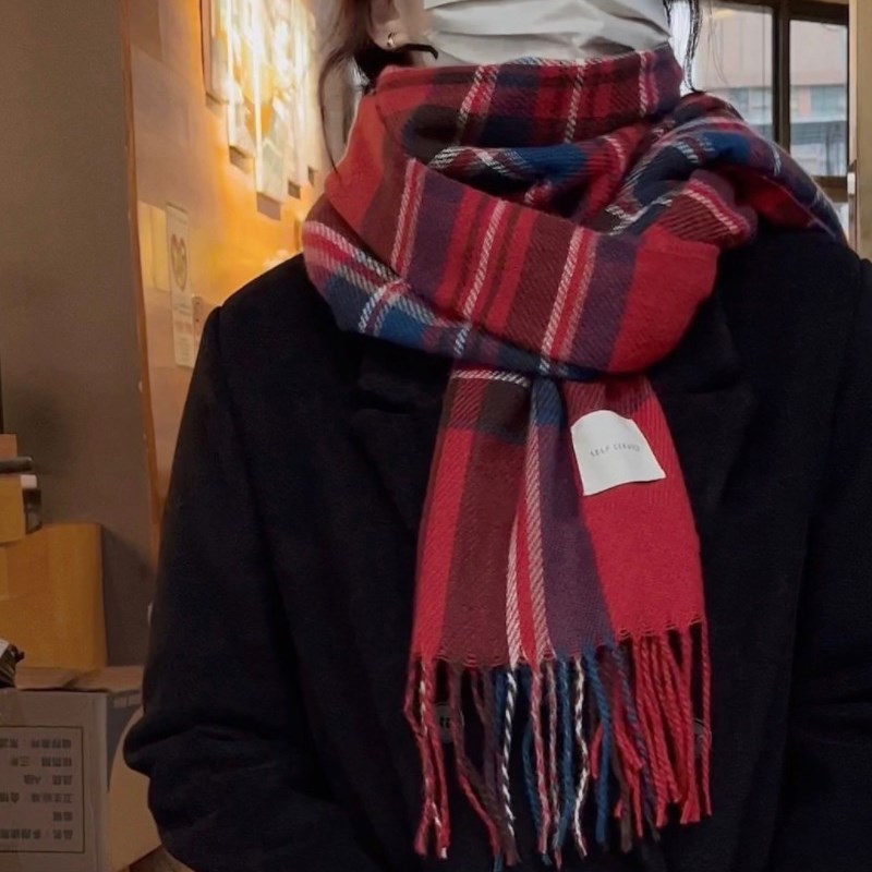 速发日本Kazuki新款复古耶诞红格子围巾羊绒女保暖围脖2023冬季礼