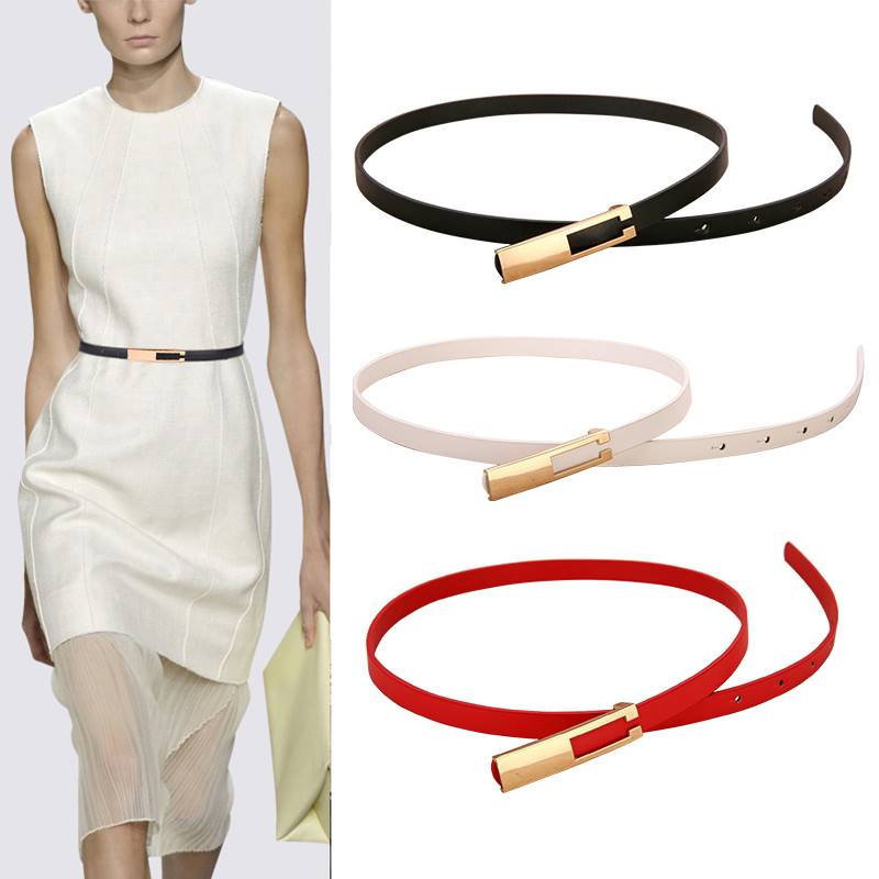 推荐Women PU Leather Belt Solid Color Thin Skinny Waistband - 图0