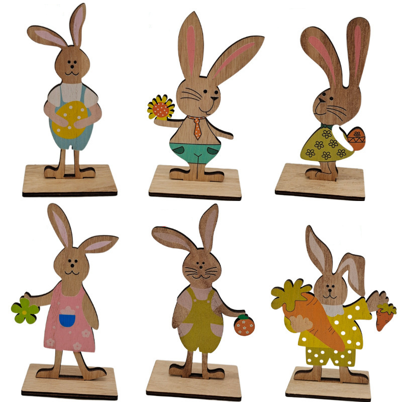 极速Painted Wooden Easter Bunny Desktop Ornaments Rabbits De-图0