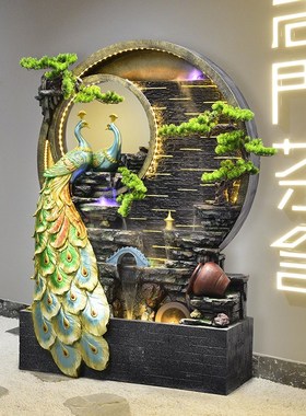大型假山水幕墙流水喷泉摆件循环水客厅招财孔雀风水轮落地装饰品