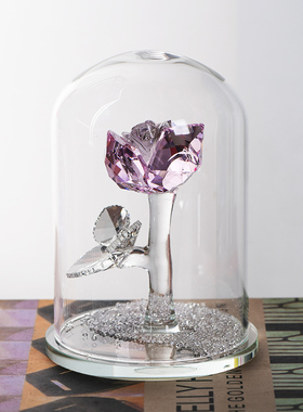 现货高档蓝粉紫水晶玫瑰摆件 玻璃罩永生花家居装饰男女朋友生日
