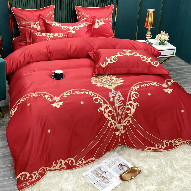 新婚高档欧式婚庆四件套纯棉全棉刺绣被套大红色结婚床上用品床笠 - 图0
