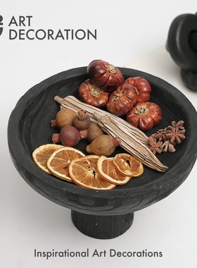 中古侘寂黑色碳化原木托盘果盘样板间别墅厨房玄关软装饰品摆件
