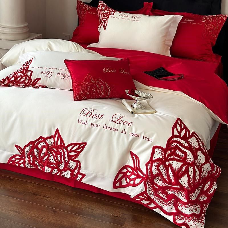 新疆长绒棉结婚庆玫瑰四件套喜庆酒红色被套陪嫁少女床品,淘宝优惠券,粉丝福利购,淘宝优惠卷