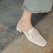 Genuine leather Baotou Mid-drag F Shoe Women Summer 2023 new square head coarse heel Mueller cool Drag sloth 100 lap 6-half tug