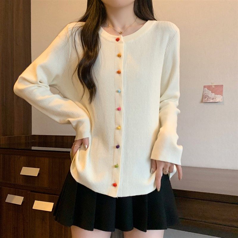 秋季大码女装洋气小众别致彩色纽扣针织开衫正肩显瘦毛衣内搭上衣,淘宝优惠券,粉丝福利购,淘宝优惠卷