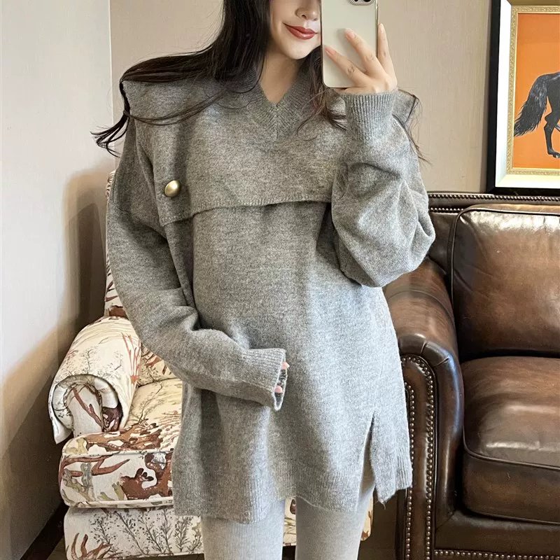 Woolen sweater for pregnant, autumn set, 2021 collection, V-neckline, plus size, internet celebrity, western style, oversize