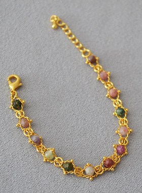 法式复古小众彩色碧m玺真石串珠链条编织黄铜镀金简约文艺气质项