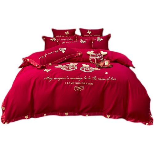 全棉100支长绒棉婚庆四件套纯棉结婚喜被子大红色新婚礼床上用品 - 图2