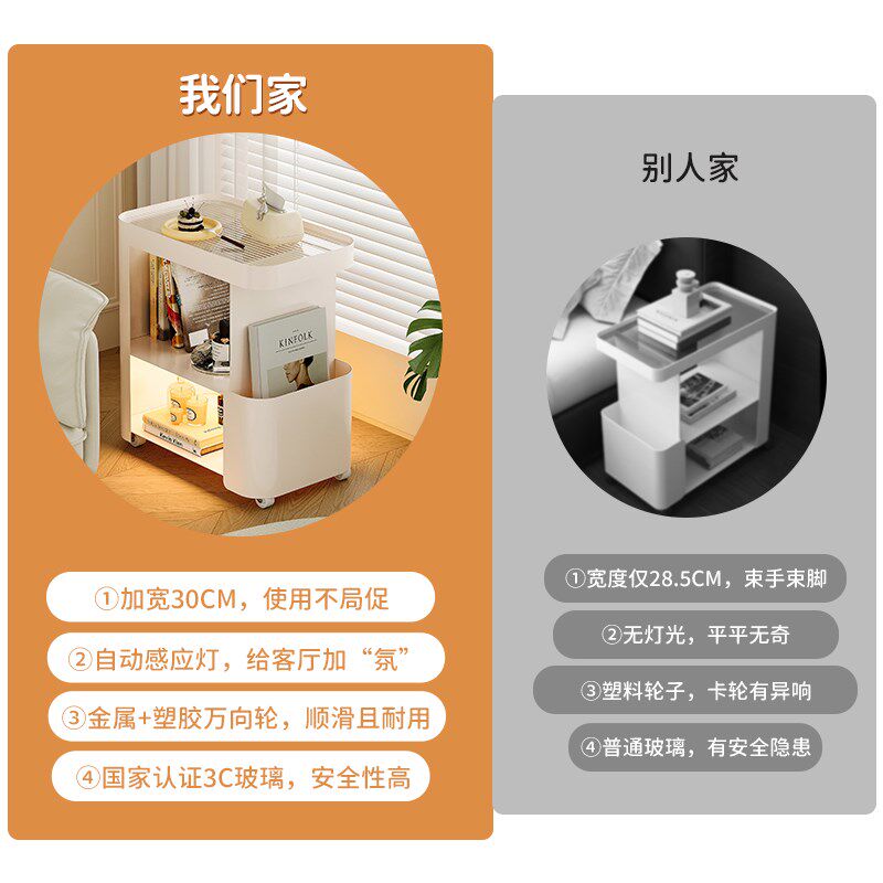 奶油风沙发边几客厅可移动茶几小桌子侧边柜带灯铁艺小推车置物架,淘宝优惠券,粉丝福利购,淘宝优惠卷