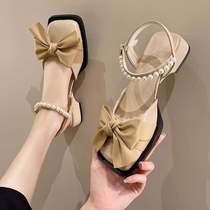 Baotou sandal women Summer 2023r new fairy wind gentle pearls with square head butterfly knot coarse heel