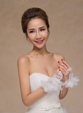 新品新娘手套结婚蕾丝钻仙美花朵白色女薄款春夏拍照韩式婚纱手套