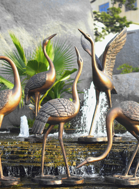 仿铜抽象仙鹤摆件户外玻璃钢园林景观动物装饰庭院水池丹顶鹤雕塑