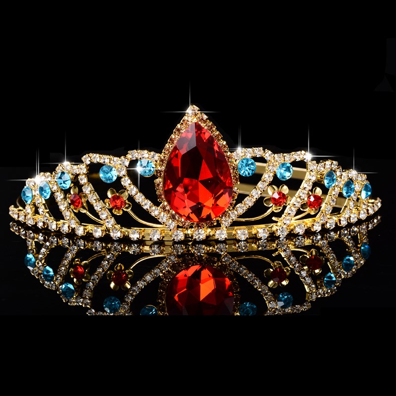 新品Big Queen Princess Crown Diadem Green Red Rhinestone Hea-图2