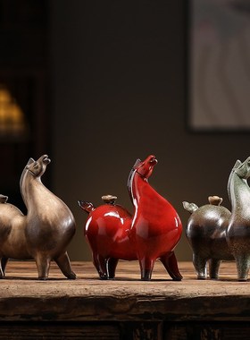 创意陶瓷马摆件马上有钱中式客厅办公室桌面装饰红色小唐马工艺品