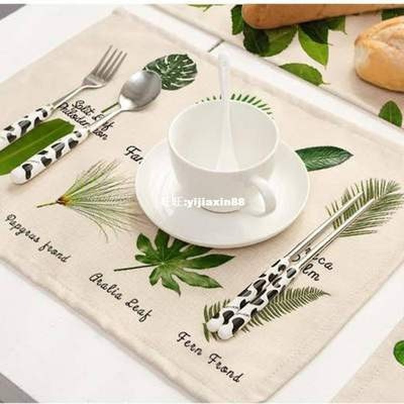 推荐4Pcs/set Green Plants Linen Table Mat Square Wesn Bowl P - 图1