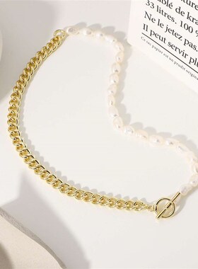 新品INS Necklace Half Cuban Half Freshwater Pearl Necklace 1