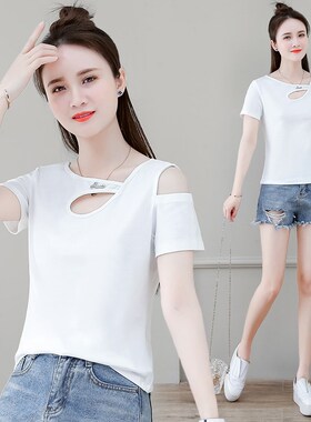 条纹短袖T恤女小众设计感斜领夏季2025年新款个性露肩短款显瘦t恤