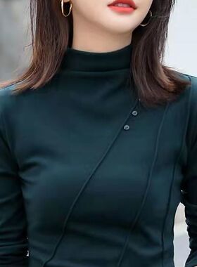 德绒半高领打底衫女春秋长袖大码修身t恤衫内搭中V年妈妈保暖上衣