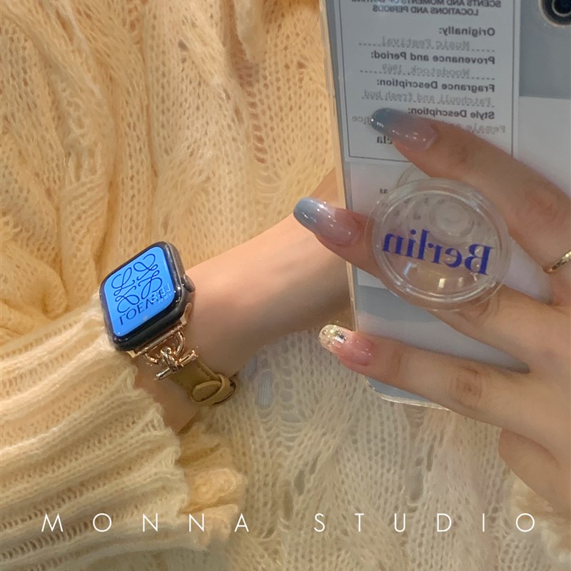 Monna韩系复古绿精致D字金属皮质细表带适用iwatch987654se女百搭 - 图2