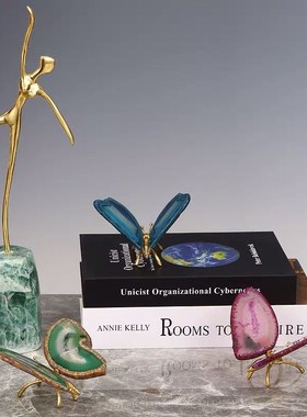 新中式彩色天然玛瑙蝴蝶黄铜家居晶石摆件办公室墙面玄关轻奢装饰