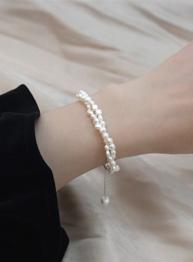 韩版天然巴洛克淡水珍珠手串手工编织双层手链网红简约珍珠手链女