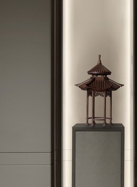 六角凉亭新中式仿古建筑模型装饰摆件酒店民宿茶室玄关木质艺术品