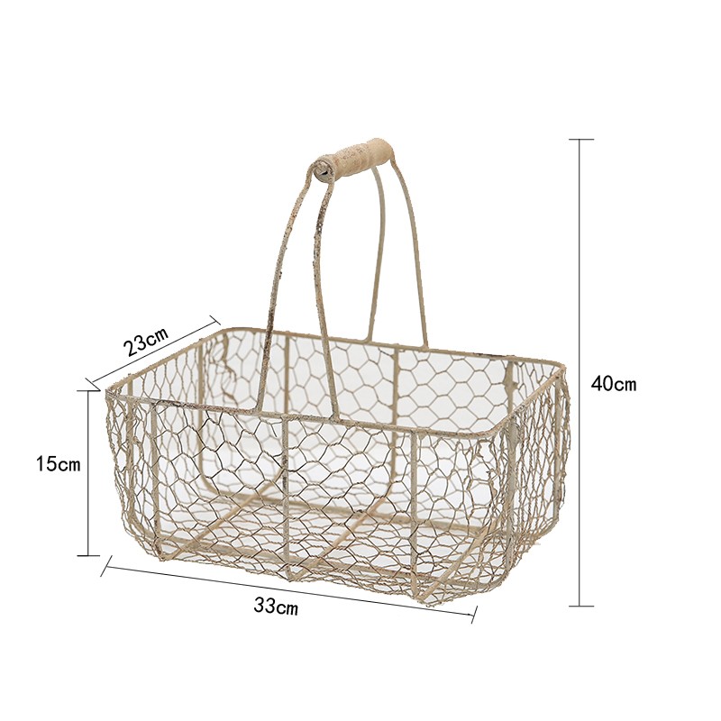 B花园杂货金属编织铁丝花篮装饰 做旧单把木柄篮子储物收纳水果筐 - 图1