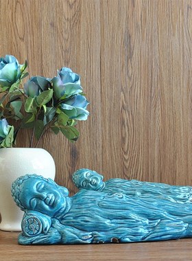 现代新中式陶瓷蓝色裂纹仿u古老树根睡佛卧佛摆件家居摆台软装饰